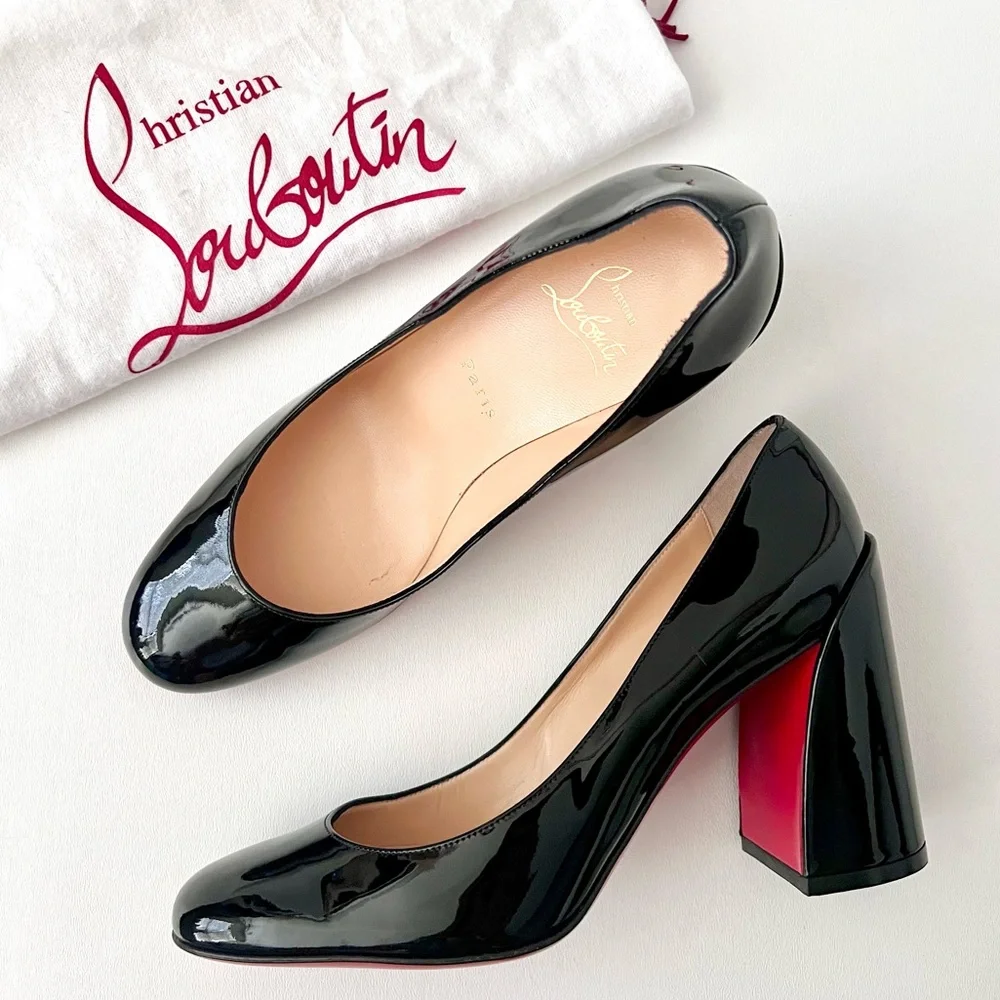 CHRISTIAN LOUBOUTIN | Miss Sab Black Patent Leather Block Heel Pumps 37.5 US 7.5 - Picture 2 of 16